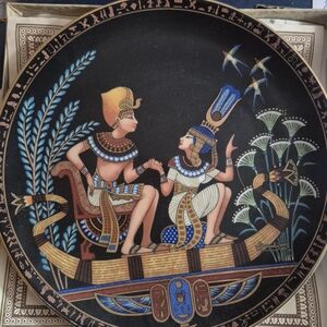 Egyptian Themed Ceramic Plate with Black and Gold Accents